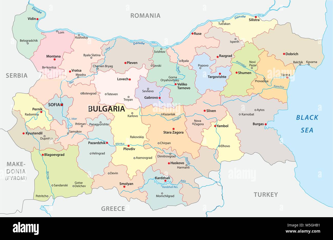 Bulgarien Vektorkarte und große Städte und Flüsse Stock Vektor