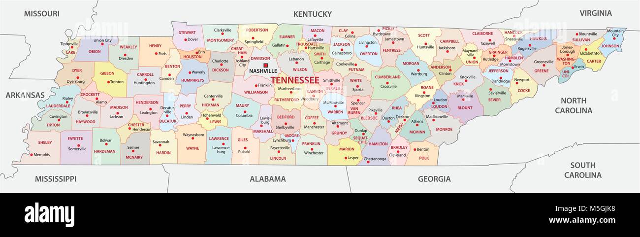 Administrative und politische Vektorkarte der US-Staat Tennessee Stock Vektor