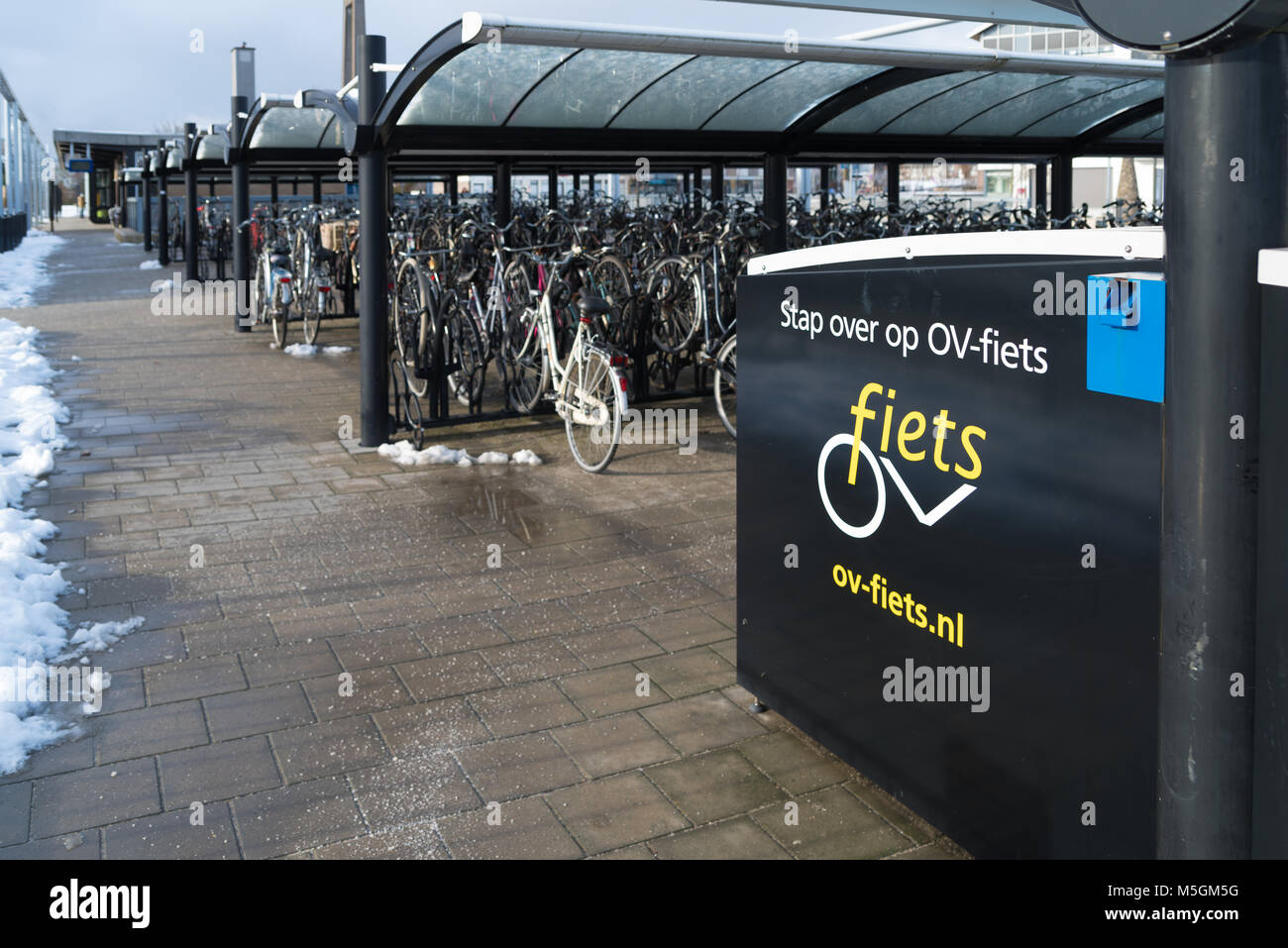 OLDENZAAL, Niederlande - Januar 7, 2017: Lagerung von OV-fiets (OV-Fahrrad) am Bahnhof Oldenzaal. OV-fiets ist eine niederländische Fahrradverleih System. Stockfoto