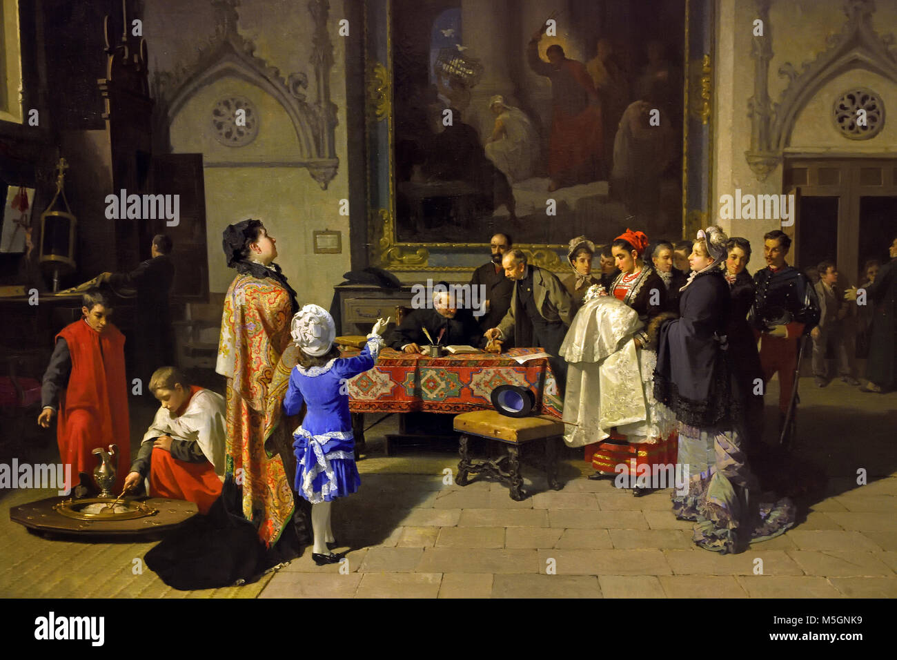 Bautizo en la sacristía - Taufen in der Sakristei, 1881 Pedro Rodrigues de la Torre, 1847-1915, 19./20., Jahrhundert, Spanien, Spanisch, (die Arbeit, die die Feier der Taufe in der Sakristei der Kirche darstellt. ) Stockfoto