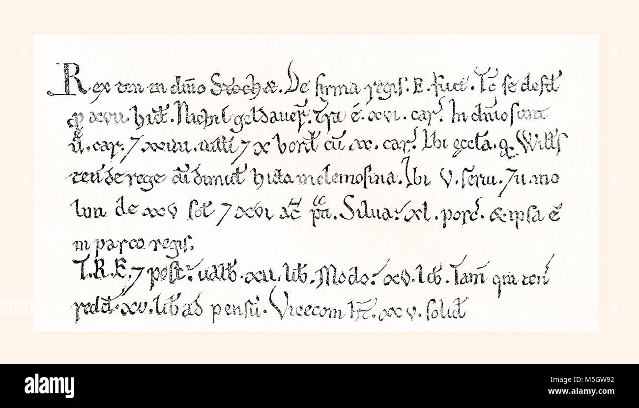 Faksimile einer Probe aus dem Domesday Book, eine Aufzeichnung der "Großen Survey" von England und Teile von Wales in 1086 im Auftrag von König Wilhelm der Eroberer abgeschlossen. Aus Old England: eine bildliche Museum, veröffentlicht 1847. Stockfoto