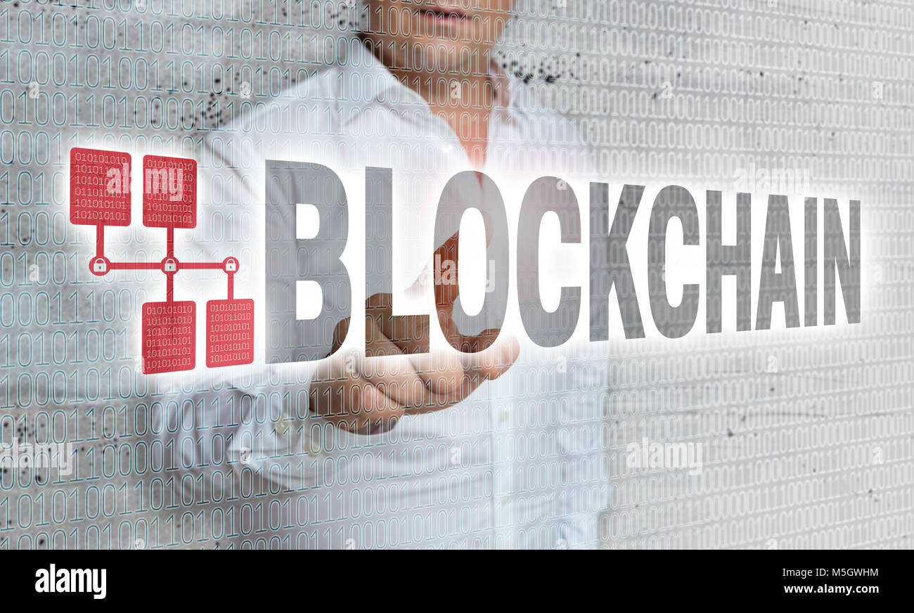 Blockchain mit Matrix und Geschäftsmann Konzept. Stockfoto