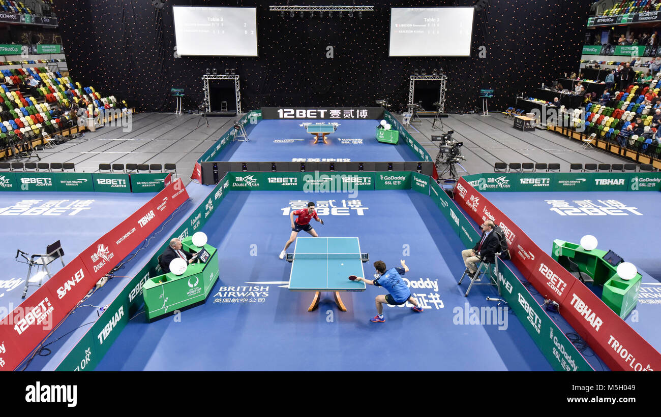 London, Großbritannien. 23. Februar 2018. Eine allgemeine Ansicht der Tischtennis Tabellen während der ittf Team World Cup 2018 in London stattfinden am Kupfer, Arena, Queen Elizabeth Olympic Park, 22-25 Februar. Credit: Stephen Chung/Alamy leben Nachrichten Stockfoto