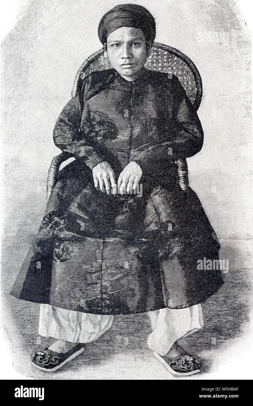 Vietnamesische König oder Kaiser Han Nghi (1872-1943) Achte Kaiser (regierte 1884-1885) der Vietnamesischen Nguyen Dynastie Vietnam. Er bestieg den Thron im Alter von 12 Jahren. (Gravur, 1889) Stockfoto