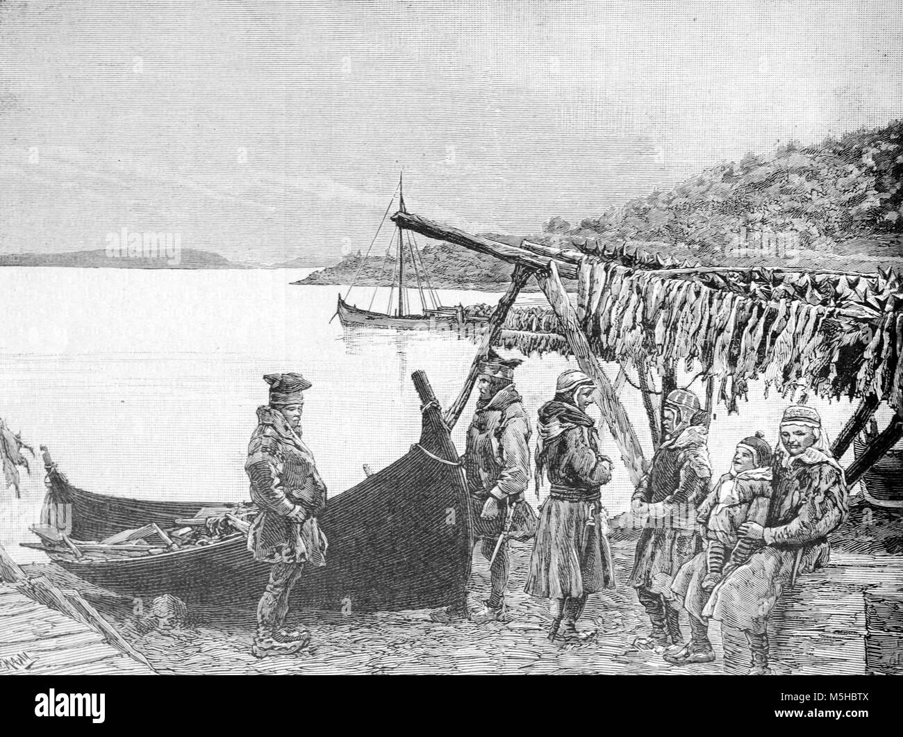 Cod Trocknung unter den Sami, aka der Saami, Lappen oder Laplanders, Angeln Gemeinschaft, Norwegen (Gravur, 1889) Stockfoto