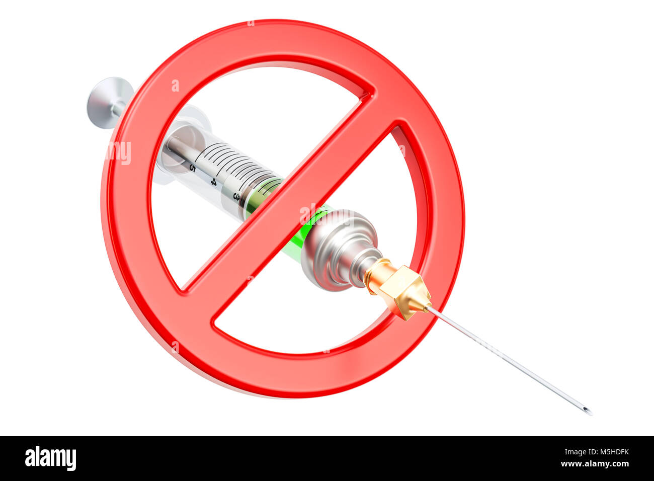 Stopp Drogen Konzept, verbotene Zeichen mit Spritze. 3D-Rendering auf weißem Hintergrund Stockfoto