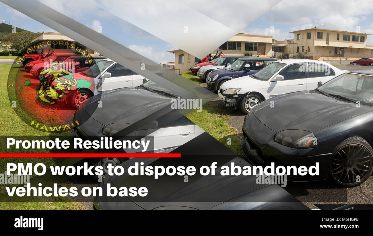 Verlassene Fahrzeuge werden an den fünf - O-Motoren Auktion los, Marine Corps Base Hawaii, Feb 9, 2018 angezeigt. Der Provost Marshal Office wird ein verlassenes Fahrzeug zu versteigern, wenn es nicht nach einem Zeitraum von 45 Tagen geltend gemacht. (U.S. Marine Corps Stockfoto