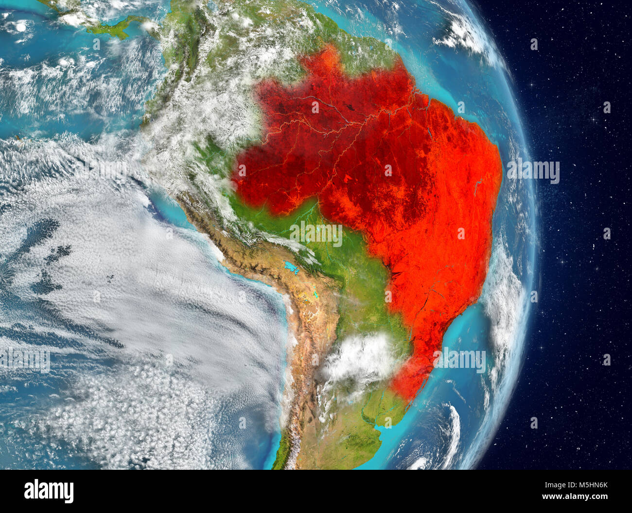 Platz Blick auf Brasilien in Rot hervorgehoben auf dem Planeten Erde mit Atmosphäre. 3D-Darstellung. Elemente dieses Bild von der NASA eingerichtet. Stockfoto