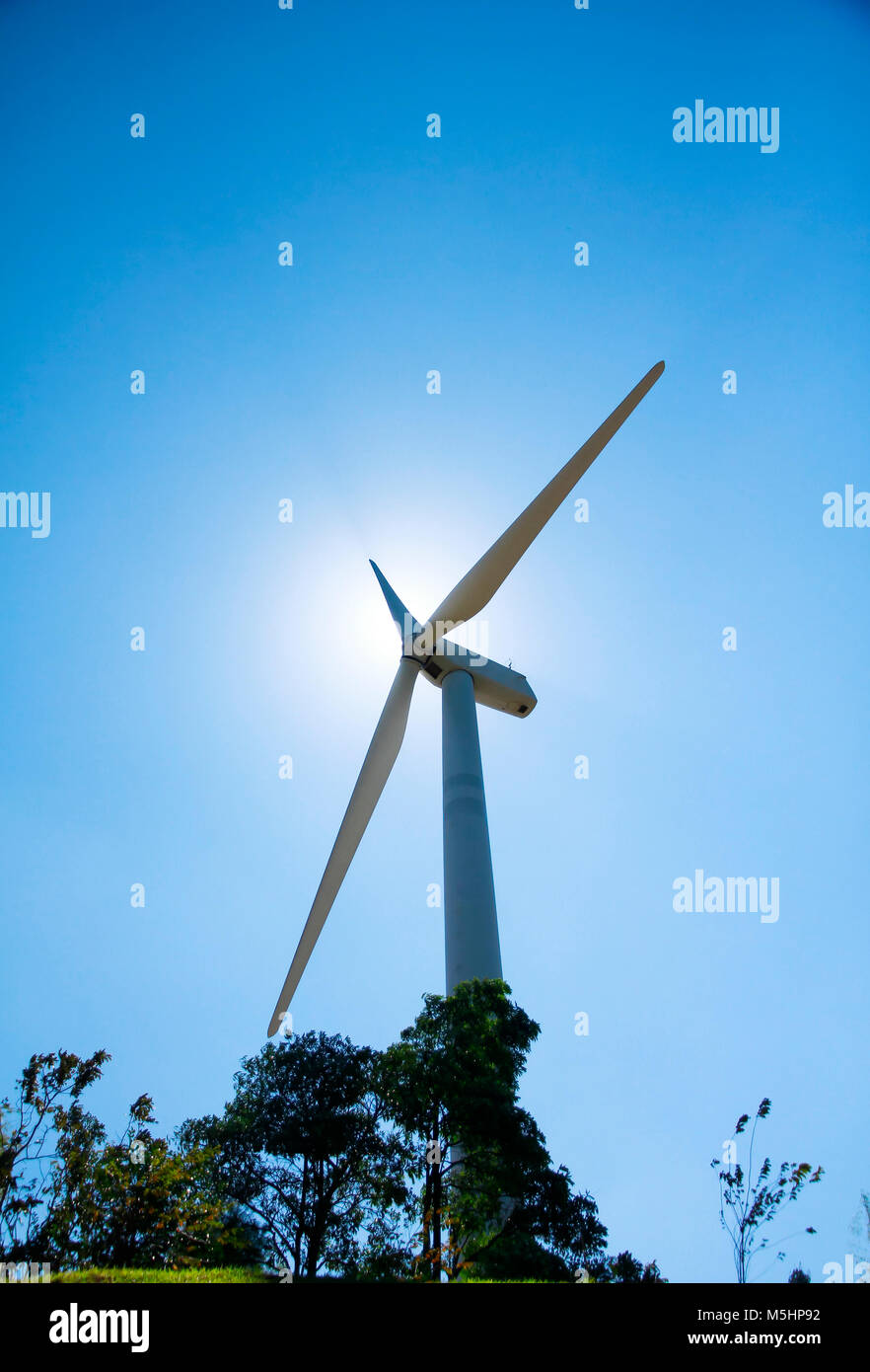 Elektrische Windkraftanlagen auf dem Bauernhof Silhouetten auf Sonne Hintergrund Stockfoto