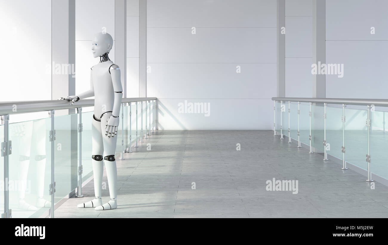 Roboter stehen im leeren Raum, warten Stockfoto