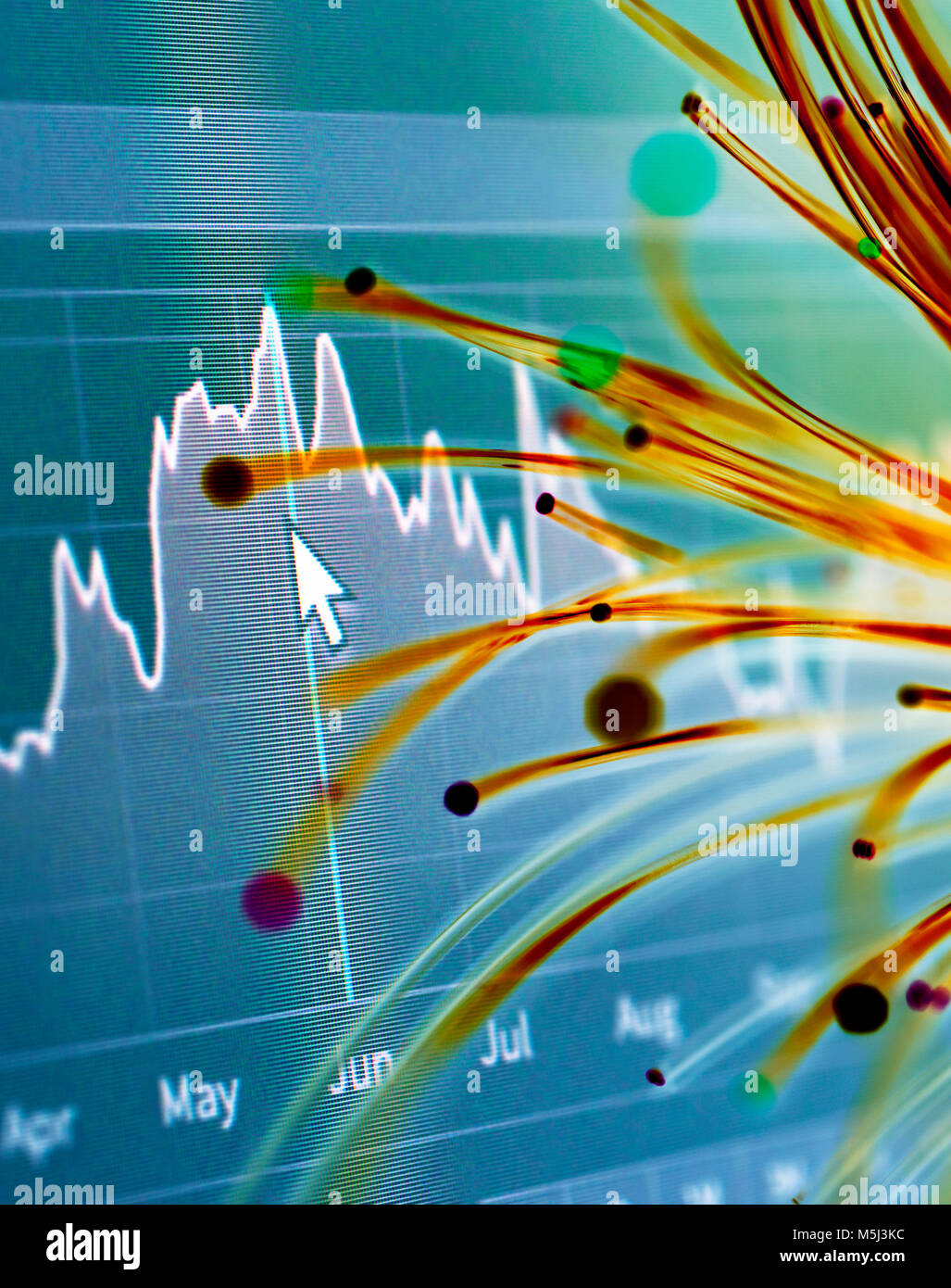 Finanzcharts und Faseroptik symbolisiert innovative Entwicklung der Börsen Stockfoto