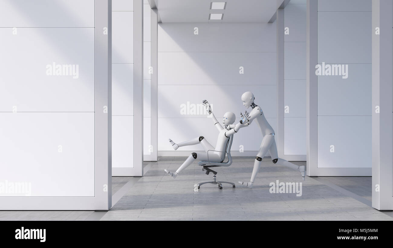 Roboter Drücken einer jubelnden Freund auf einem Stuhl durch das Amt Stockfoto