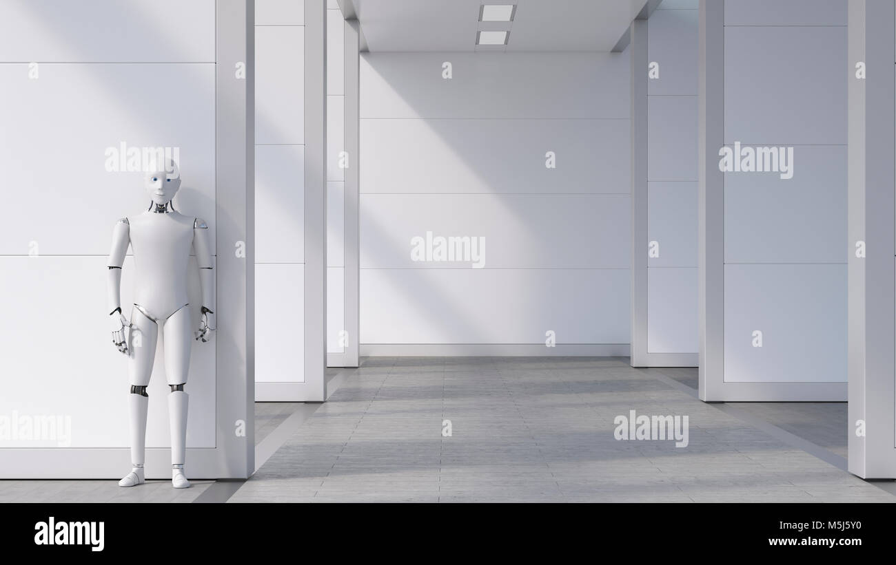 Roboter stehen im leeren Raum, warten Stockfoto