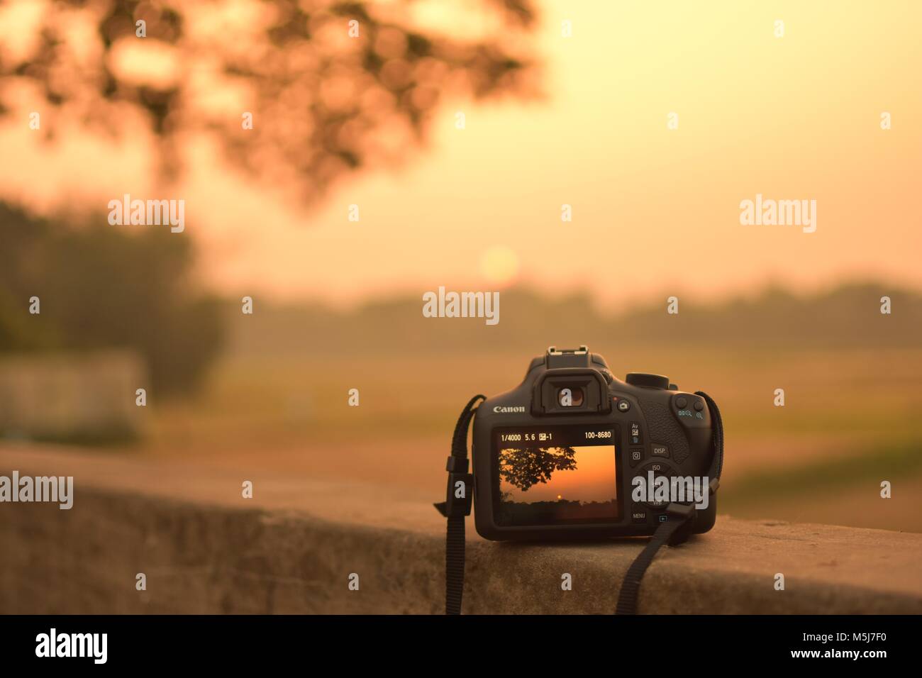 Mini Sonnenuntergang, Canon DSLR, die an der Wand Stockfoto