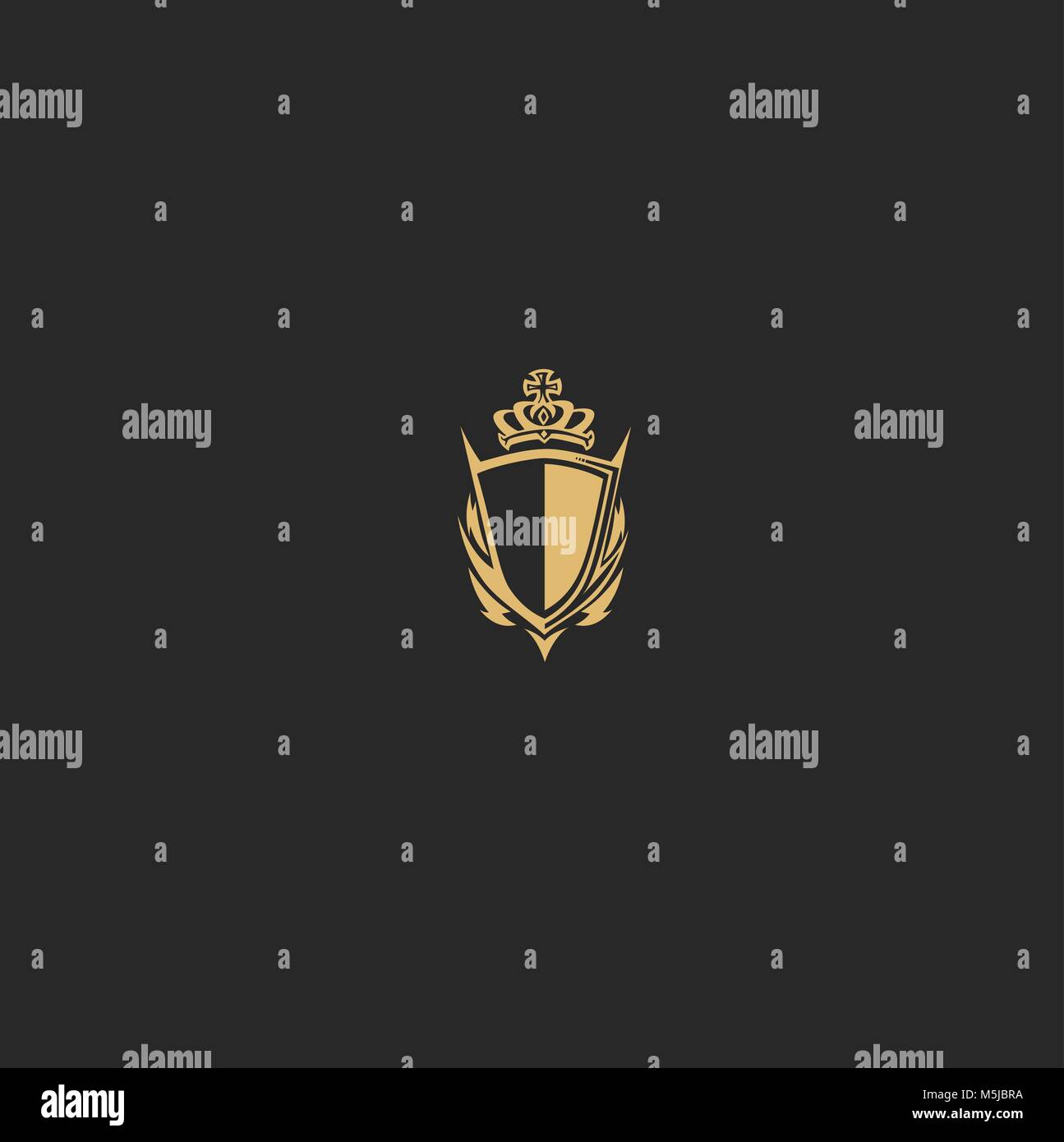 Goldener Schild mit Krone, Empire Symbol auf schwarzem Hintergrund Vector Illustration Design. Stock Vektor
