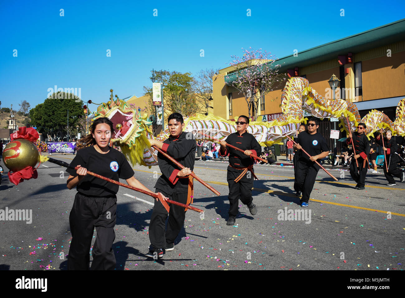 Chinesisches Neujahr 2018 in China Town Los Angeles, Ca. wird gefeiert mit Paraden, Menschenmassen, und Festlichkeiten. Stockfoto