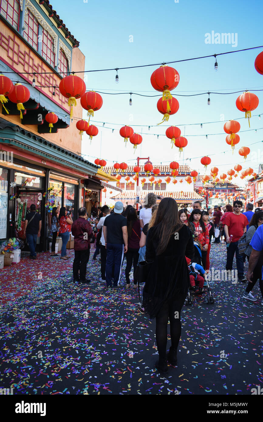 Chinesisches Neujahr 2018 in China Town Los Angeles, Ca. wird gefeiert mit Paraden, Menschenmassen, und Festlichkeiten. Stockfoto