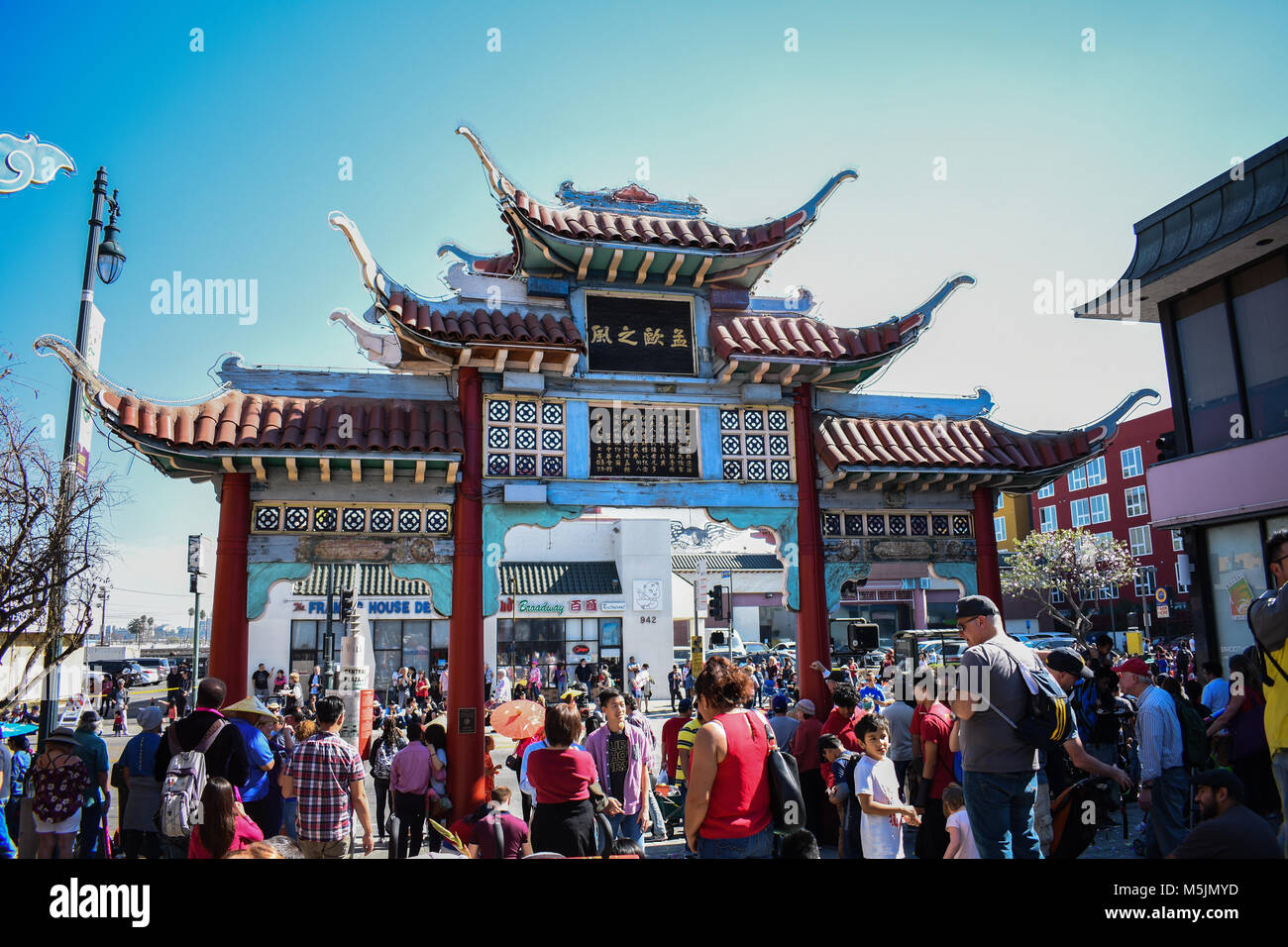 Chinesisches Neujahr 2018 in China Town Los Angeles, Ca. wird gefeiert mit Paraden, Menschenmassen, und Festlichkeiten. Stockfoto