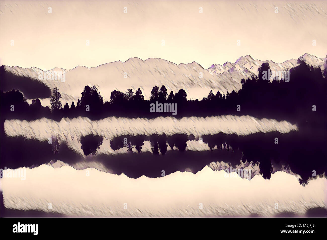 Silhouetten von Wald und Berge im See widerspiegeln - digitale