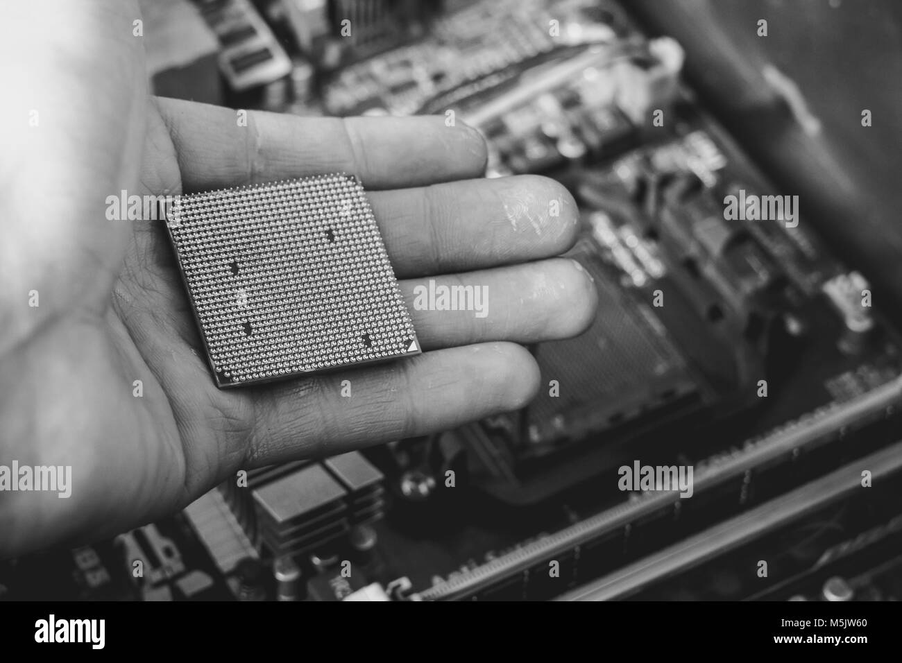 Computer-CPU aus der Nähe Schuß halten in der Hand vor der Installation Stockfoto
