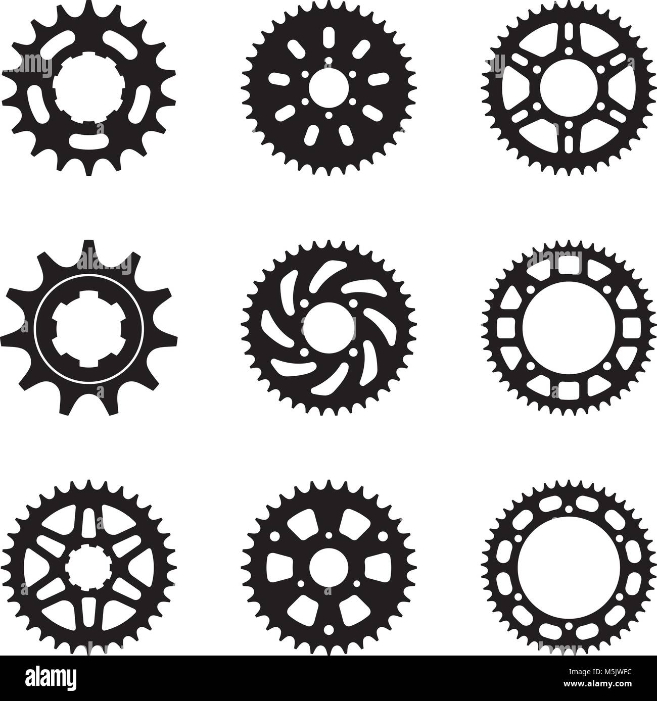 Satz von verschiedenen Arten von Kettenrad Vector Icons. Fahrrad und Motorrad Teile Stock Vektor