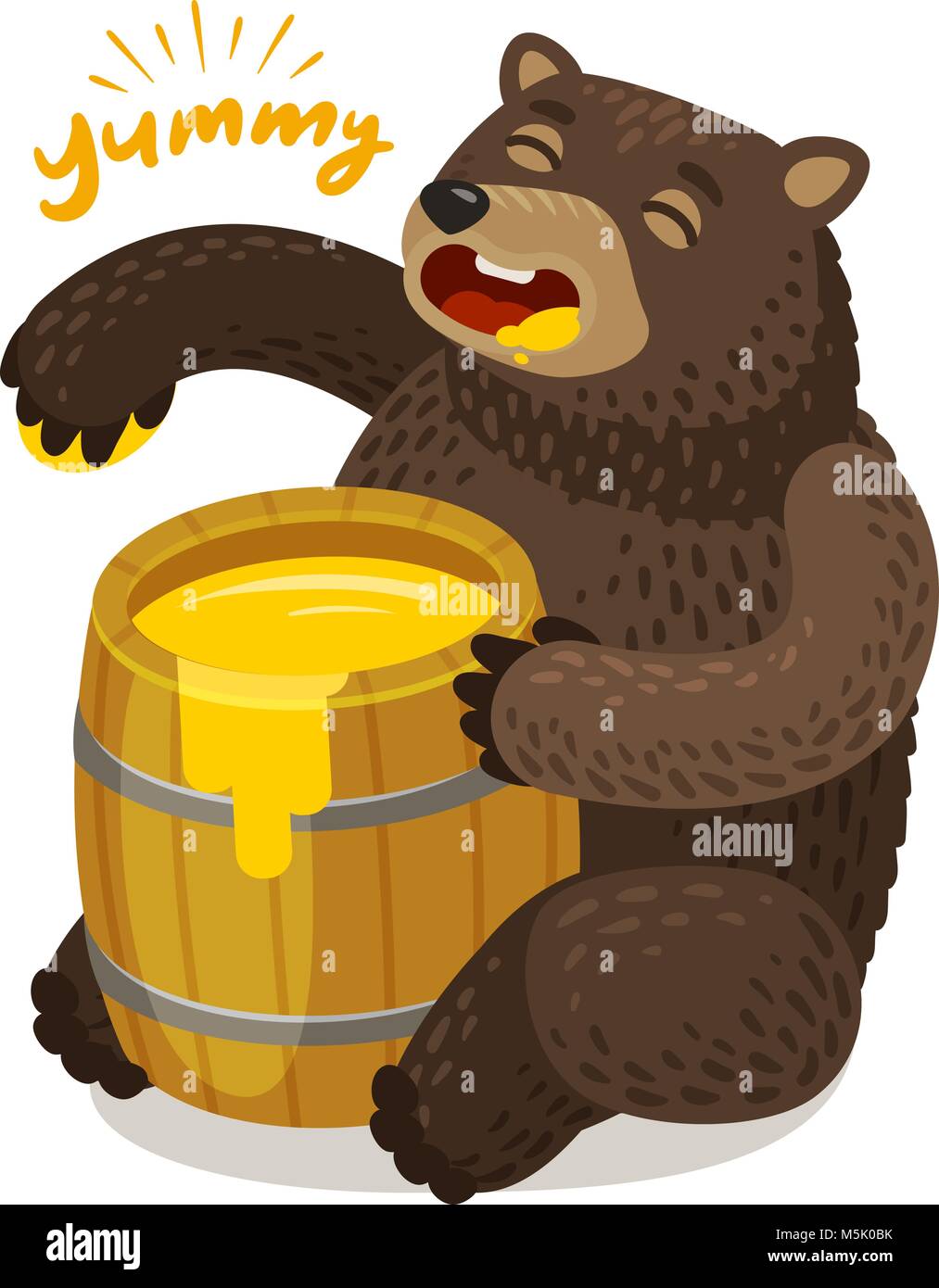 Süße Bär frisst Honig aus Holzfass. Cartoon Vector Illustration Stock Vektor