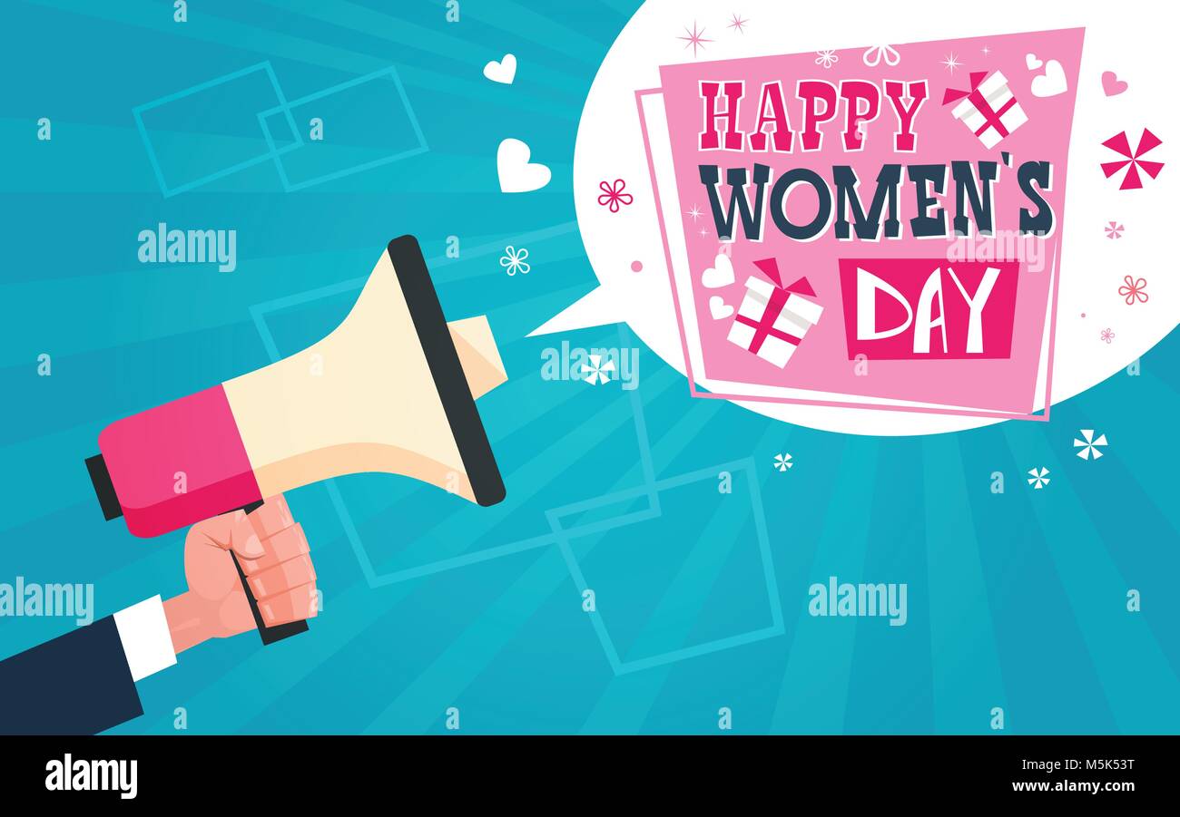 Hand Megaphon mit glücklichen Frauen Tag Begrüßung auf blauem Hintergrund Stock Vektor