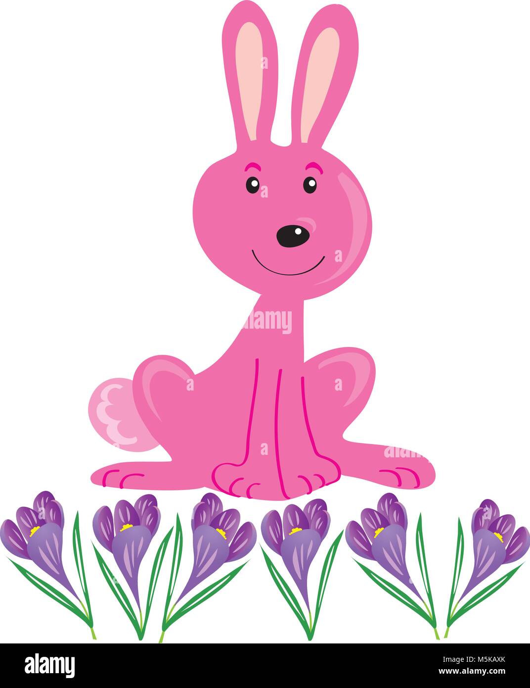 Ein Cartoon rosa Kaninchen mit lila Krokusse Blumen Stock Vektor