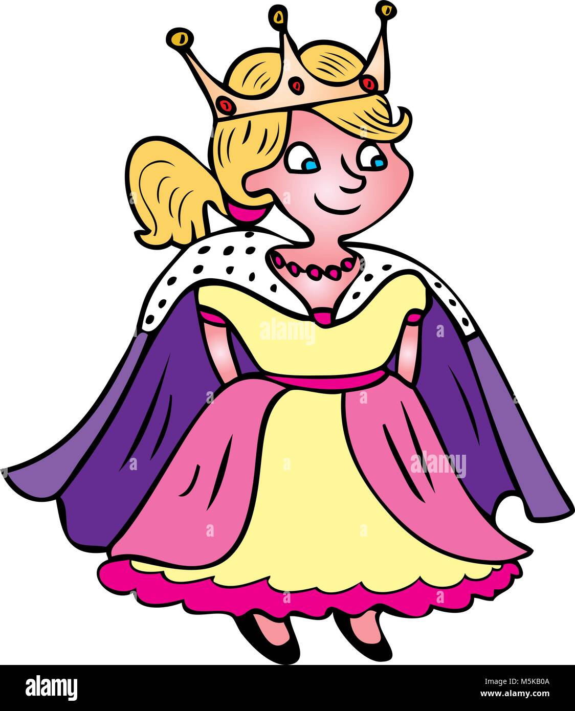 Eine Karikatur, die Prinzessin mit einer goldenen Krone und lila Umhang und ein rosa Kleid und schwarze Schuhe Stock Vektor