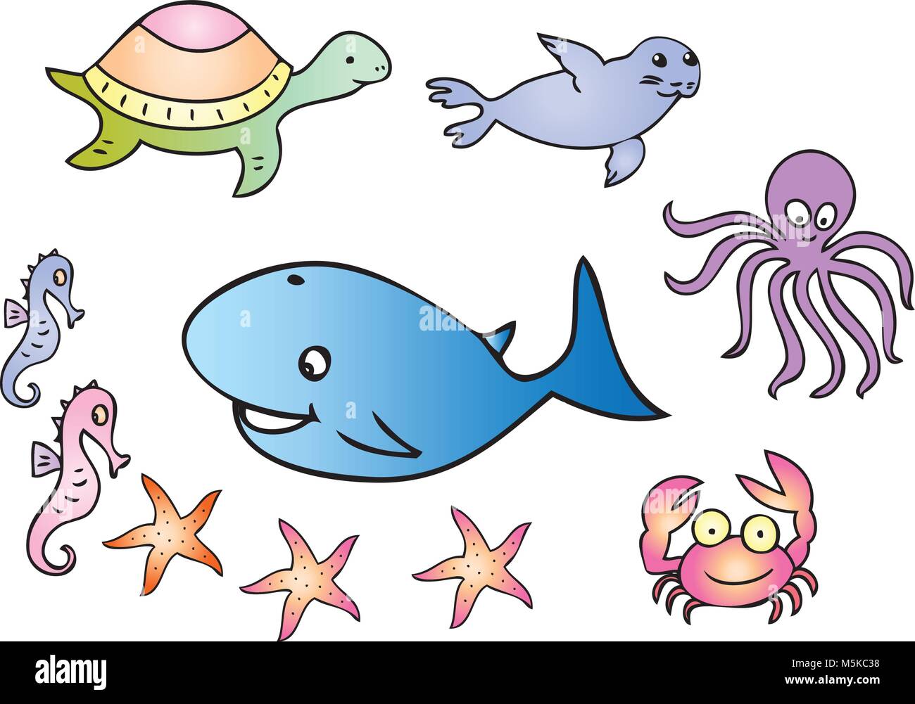 Ein Cartoon Illustration einiger Meeresbewohner einschließlich Seepferdchen, Wale, Schildkröten, Dichtung, Tintenfisch, Krabben und Seesterne. Stock Vektor