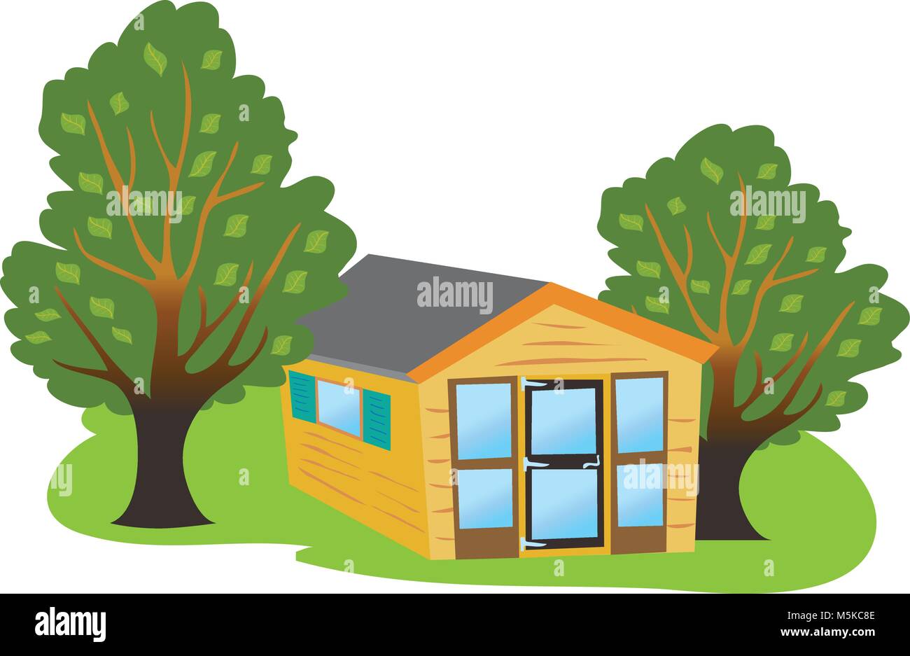 Ein cartoon Sommerhaus in einem Garten, der von zwei großen Bäumen Stock Vektor