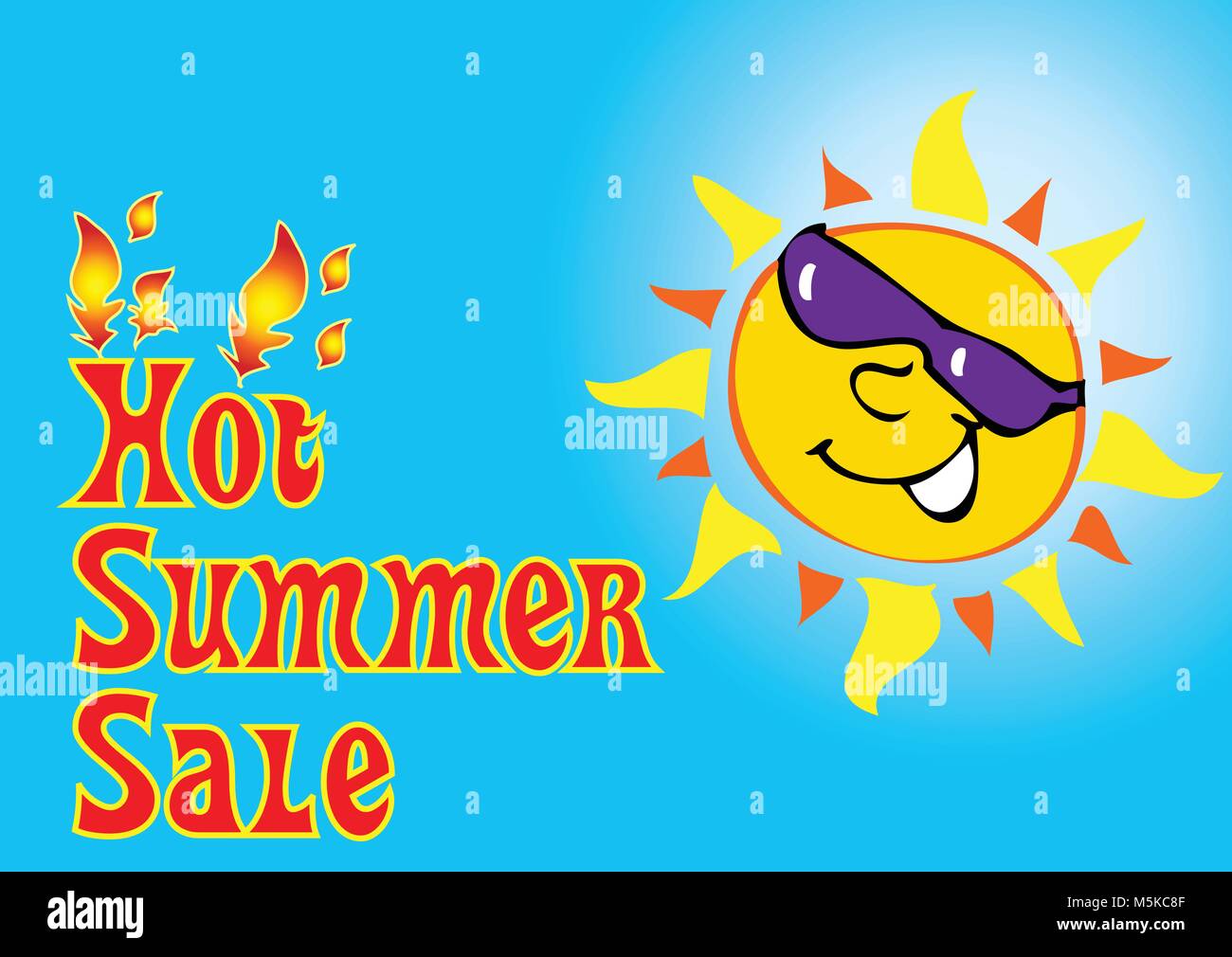 Eine Karikatur, die Sonne mit Sonnenbrille und ein red hot Banner mit Flammen Stock Vektor