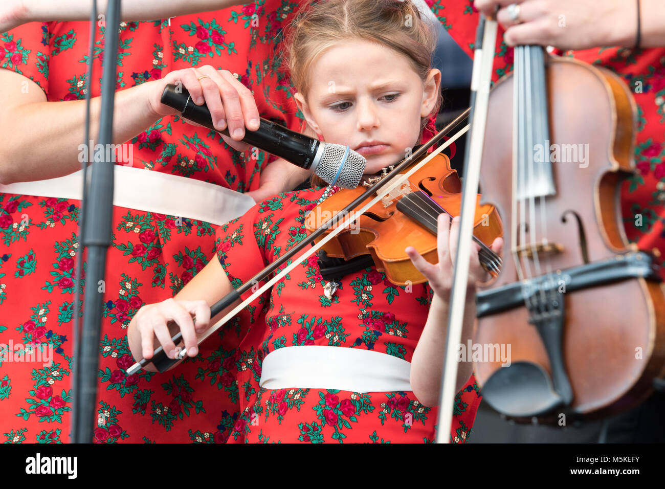 Kleines Mädchen aus der Pfanne Franek, Zosia und die Polka Towners spielt ihre Geige auf der Bühne für nationale Volksleben Festival, Greensboro, North Carolina. Stockfoto