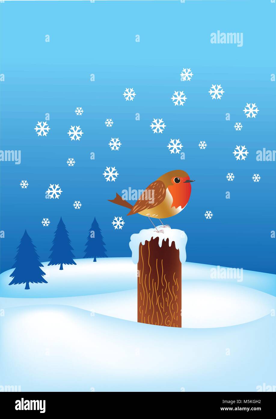 Robin redbreast thront auf einem Post im Schnee Stock Vektor