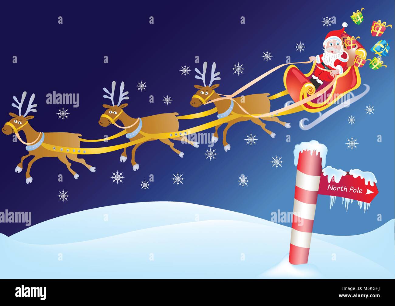 Weihnachtsmann auf Schlitten am Nordpol. Stock Vektor