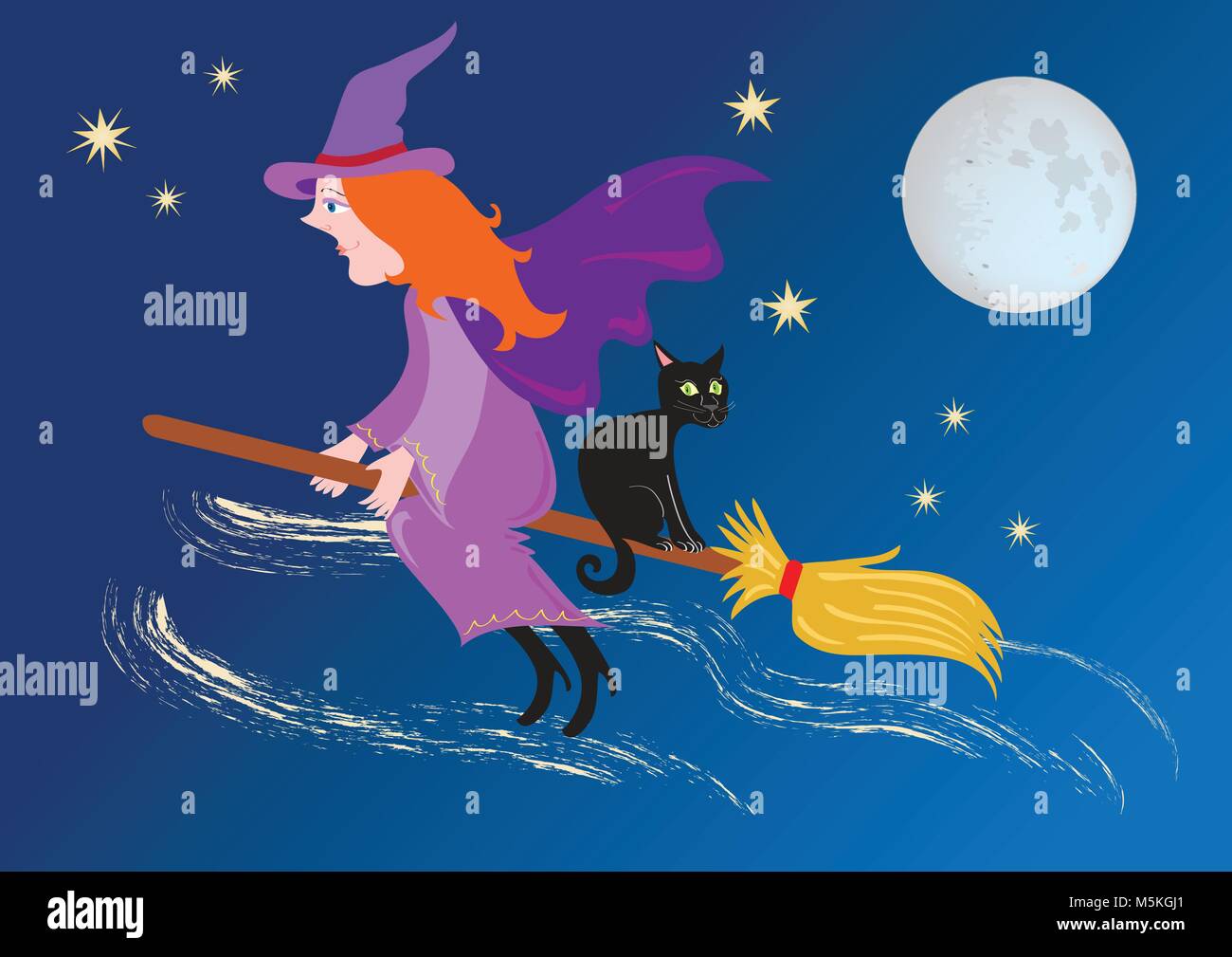 Eine Karikatur, die Hexe durch den Nachthimmel fliegen auf ihren Besen mit einer schwarzen Katze. Es gibt einen vollen Mond und Sterne funkeln Stock Vektor