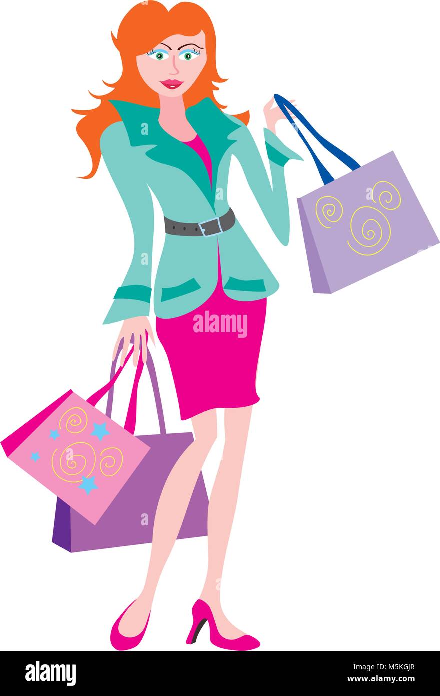 Eine Karikatur eines eleganten junge Frau mit Einkaufstüten Stock Vektor