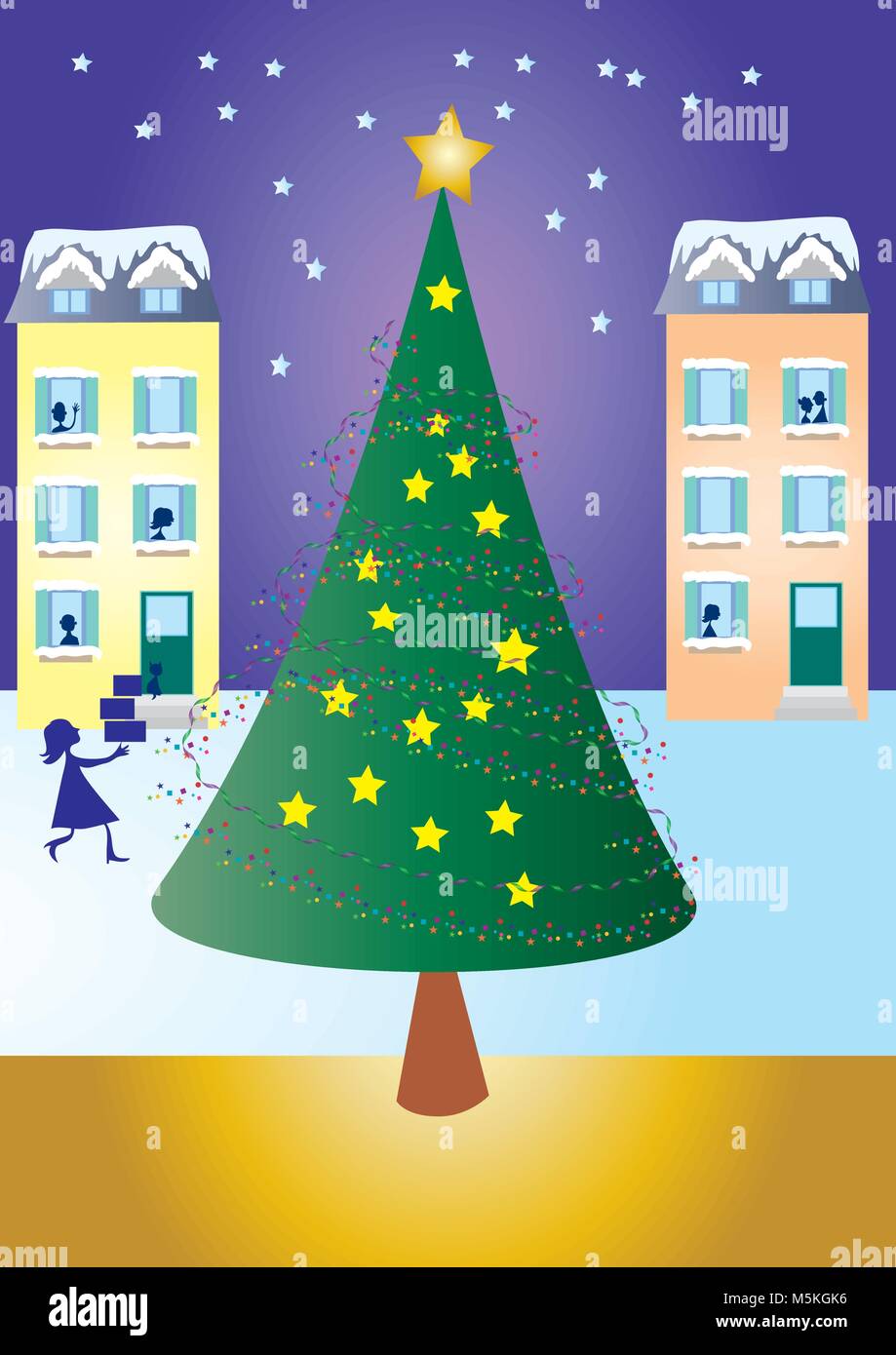 Ein Vektor Illustration eines Weihnachtsbaum mit Häusern im Hintergrund und eine Frau mit Geschenken nach Hause kommt. Stock Vektor