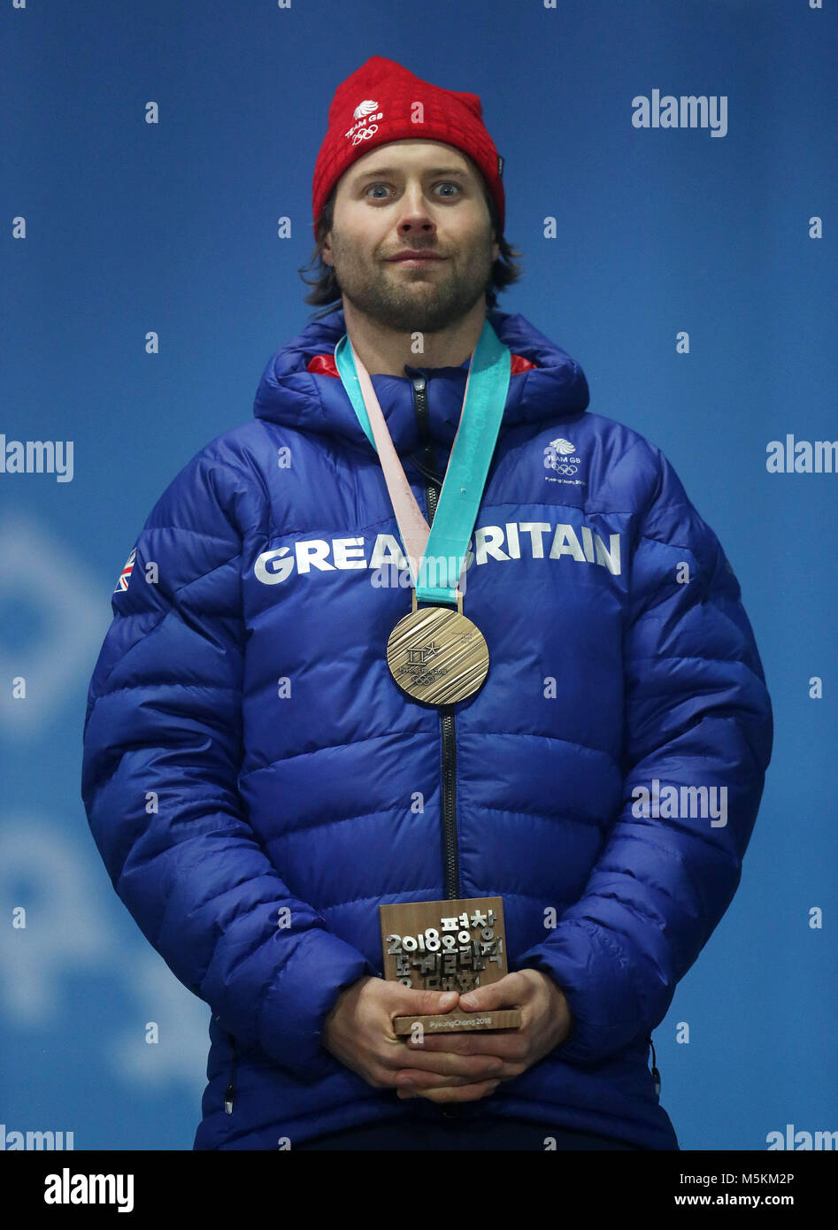 Großbritanniens Billy Morgan feiert mit seiner Bronzemedaille bei den Herren Snowboard Big Air finale Siegerehrung am Tag 15 der Winter-olympischen Spiele 2018 PyeongChang in Südkorea. Stockfoto