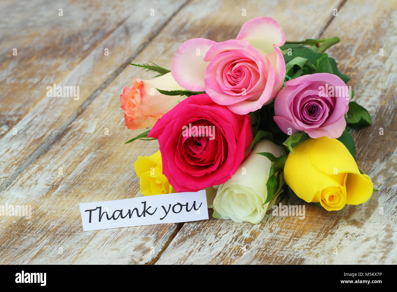 Danke Karte mit bunten Rosen strauss auf rustikalem Holz Stockfoto