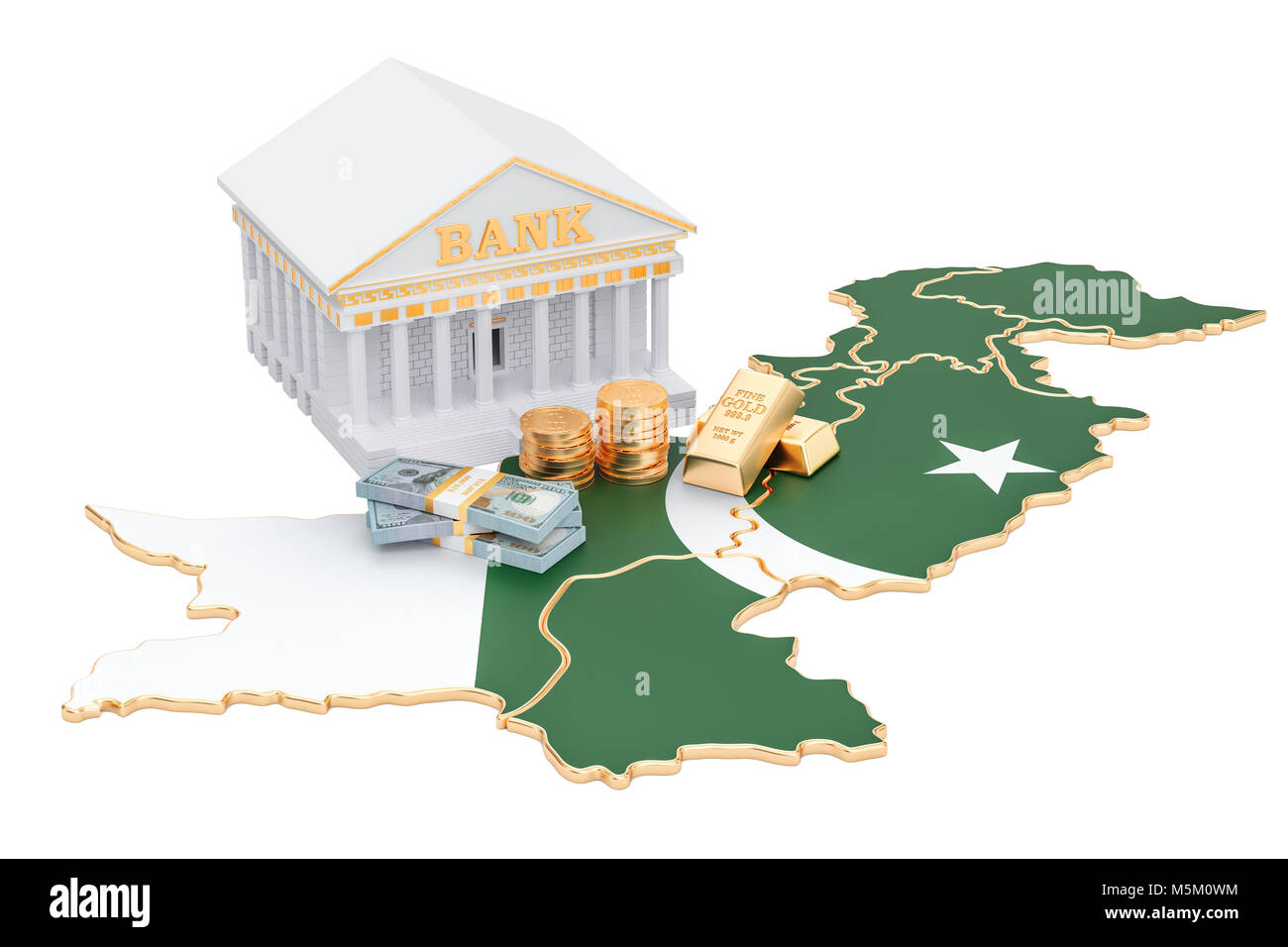 Bankensystem in Pakistan Konzept. 3D-Rendering auf weißem Hintergrund Stockfoto