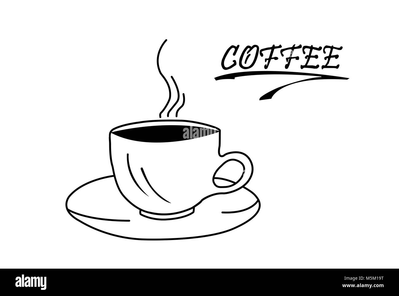 Weißer Hintergrund Silhouette der Tasse mit heißem Kaffee auf der Untertasse. Die Inschrift Kaffee. Weißer Hintergrund. Stockfoto
