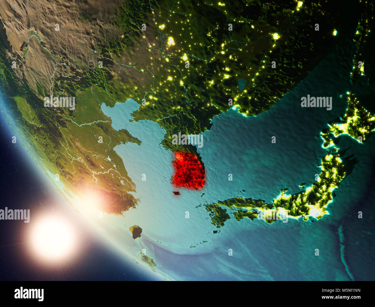 Satellitenansicht von Südkorea in Rot hervorgehoben auf dem Planeten Erde mit sichtbaren Grenzen während des Sonnenuntergangs. 3D-Darstellung. Elemente dieses Bild f Stockfoto