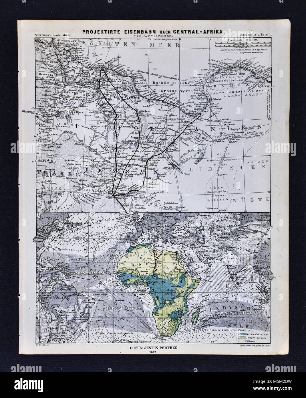 1877 Petermann Mittheilungen Karte - Physische Afrika und projiziert der Bahntrassen Stockfoto