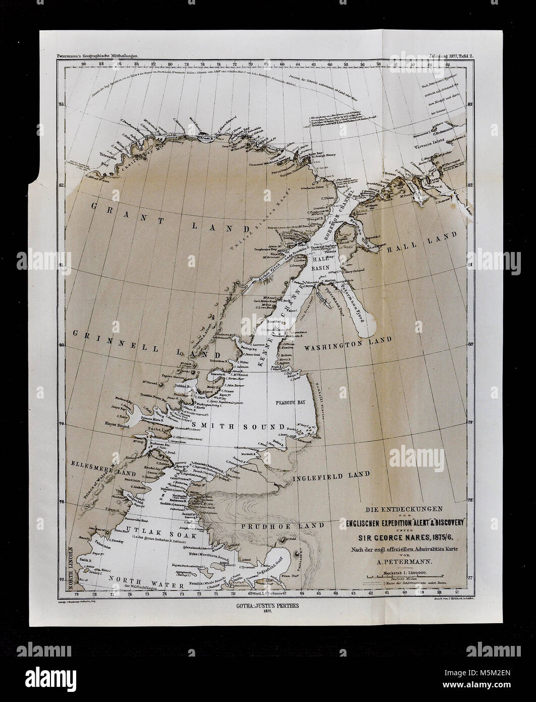 1877 Petermann Mittheilungen Karte der Utlak Einweichen, Smith Sound Kennedy Kanal zwischen Grönland und Grinnell Land an die George Nares arktischen Expedition veranschaulichen Stockfoto