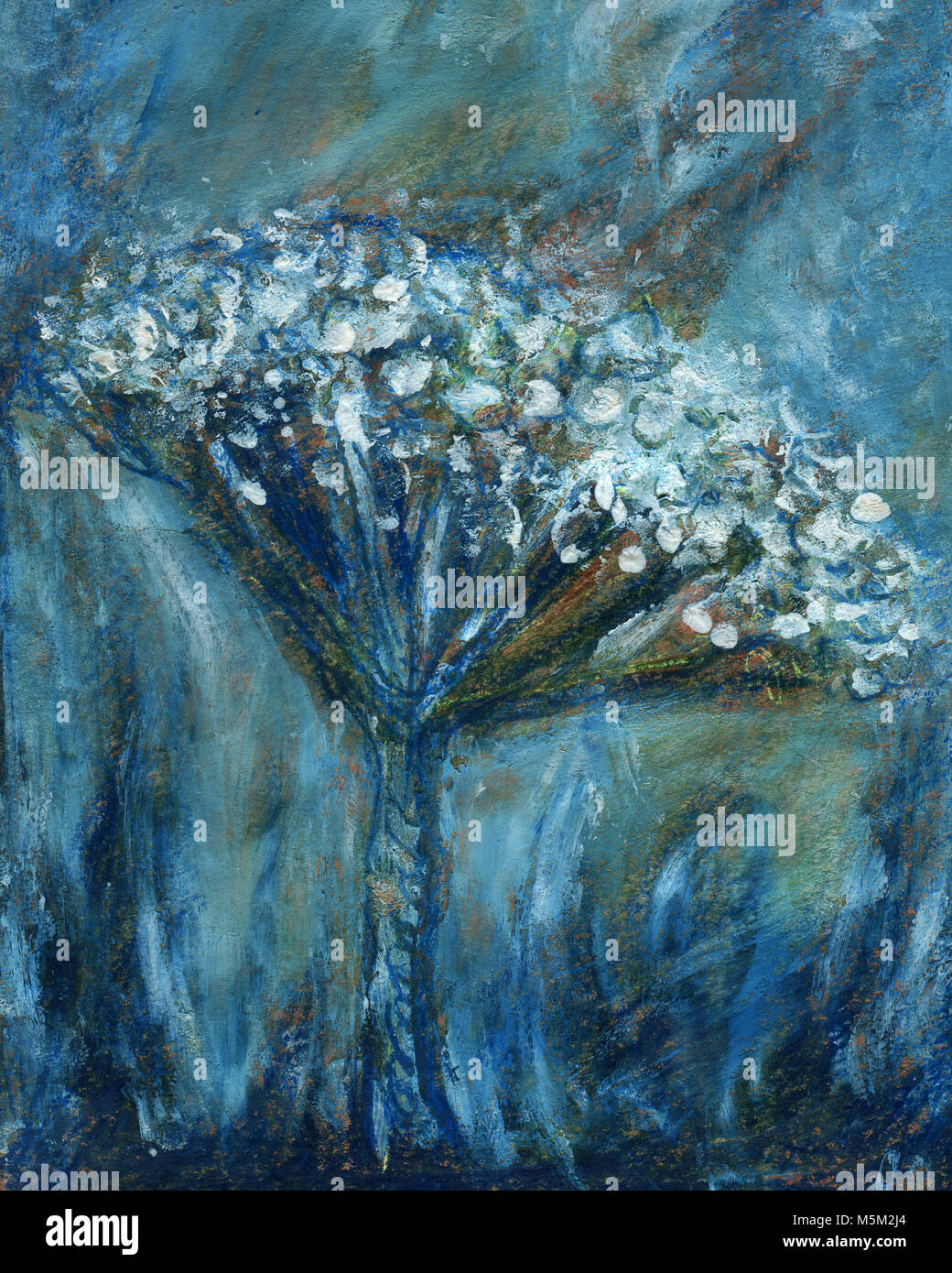 Abstrakte Blumenmalerei. Künstlerische Gemälde für den Hintergrund. Blau-weiße Textur auf grunge Papier Hintergrund. Von Hand bemalt mit Blumen. Stockfoto