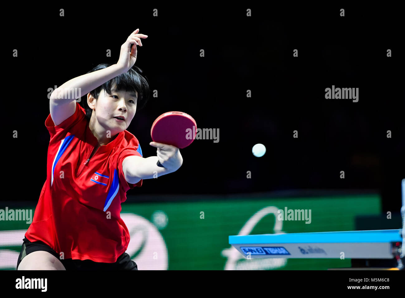 London, UK, 24. Feb 2018. Cha Hyo Sim von DPR Korea während der International Table Tennis Federation Team WM-Halbfinale der Frauen Match zwischen Hina Hayata Japans in Kupfer, Arena. Credit: Taka G Wu Stockfoto