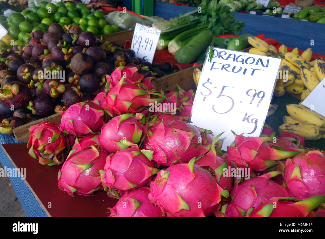 Drachenfrucht, mangostanfrüchte und andere tropische Früchte zum Verkauf an Rusty's Markets, Cairns, Queensland, Australien. Keine PR Stockfoto