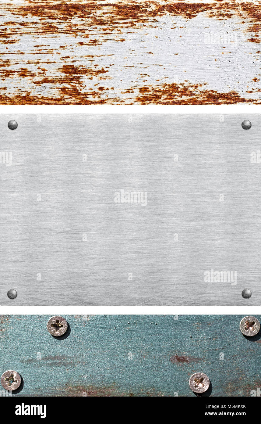 Satz von Kratzer, Rost grau und blau Metall-, Stahl-, Aluminium- platten Textur mit Nieten, Schrauben Stockfoto