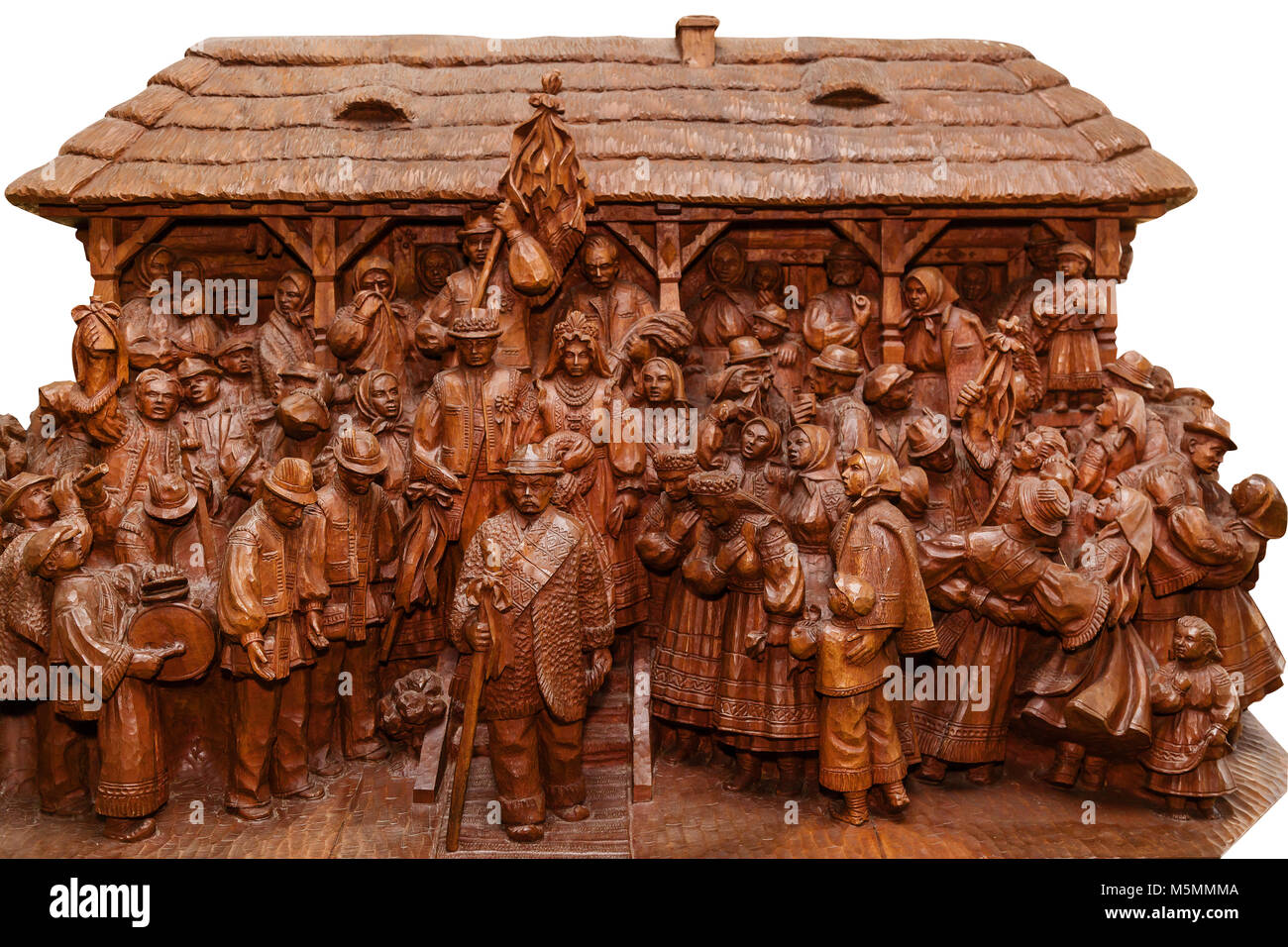 Tschechien, Ukraine Oktober 5, 2017: Holzfiguren der ukrainischen Bauern bei der Hochzeit, Beherrschung von Carven auf deorevu auf einem weißen Hintergrund. Holz c Stockfoto